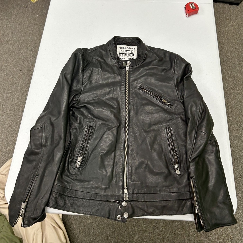 Zadig & Voltaire Len Leather Cafe Racer Jacket womans M Black Goat Skin Moto H2